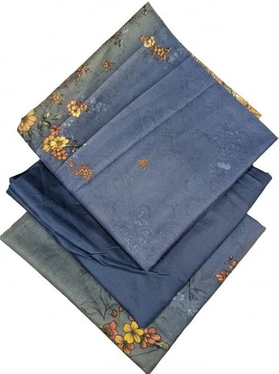 Set of folded fabric pieces with floral patterns on a white background