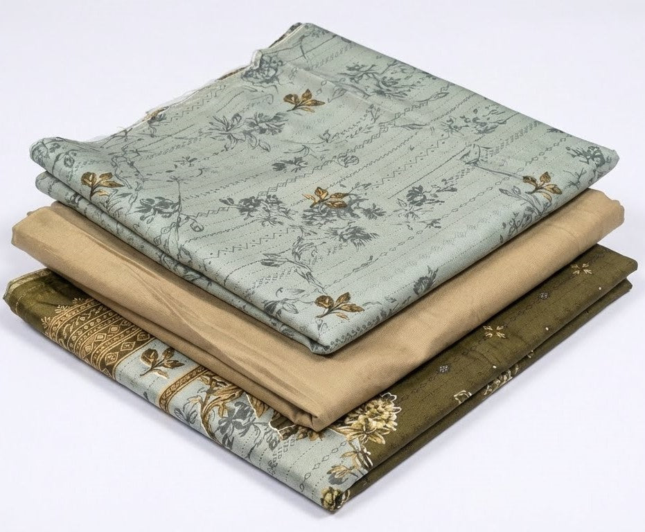 Stack of fabric swatches with floral patterns on a white background