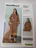 Gul Ahmed printed shalwar kameez collection packaging with model images and product details.