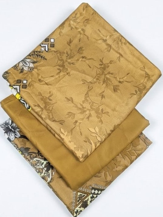 Stack of brown fabric swatches with floral patterns on a white background